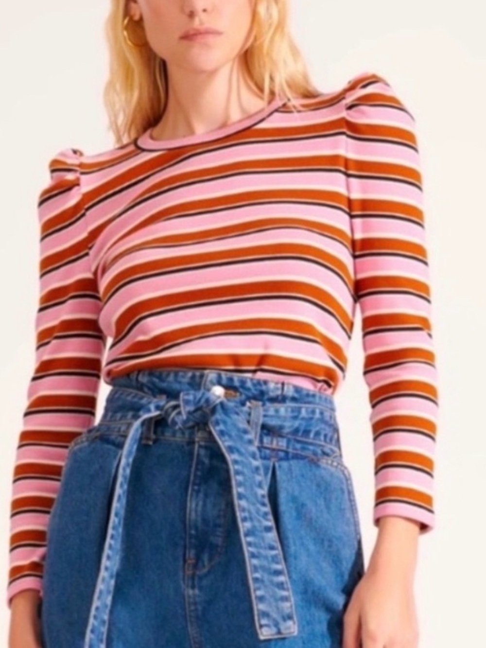 Veronica Beard Pink & Rust Striped Puff-Sleeve Long Sleeve Top